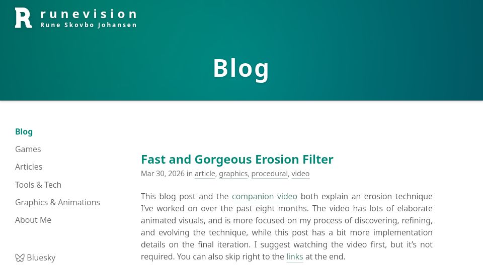 Screenshot of blog.runevision.com: Fast and Gorgeous Erosion Filter