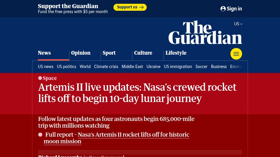 Screenshot of theguardian.com: Artemis II lifts off: four astronauts begin 10-day lunar mission