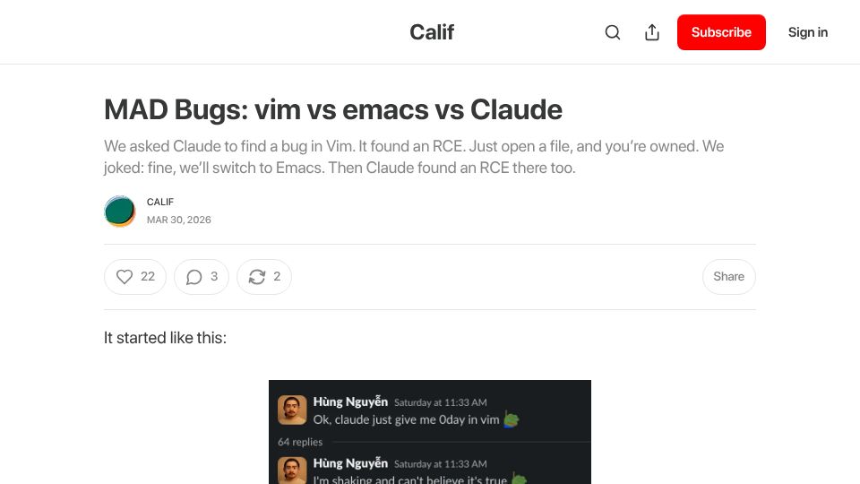 Screenshot of blog.calif.io: Mad Bugs: Vim vs. Emacs vs. Claude