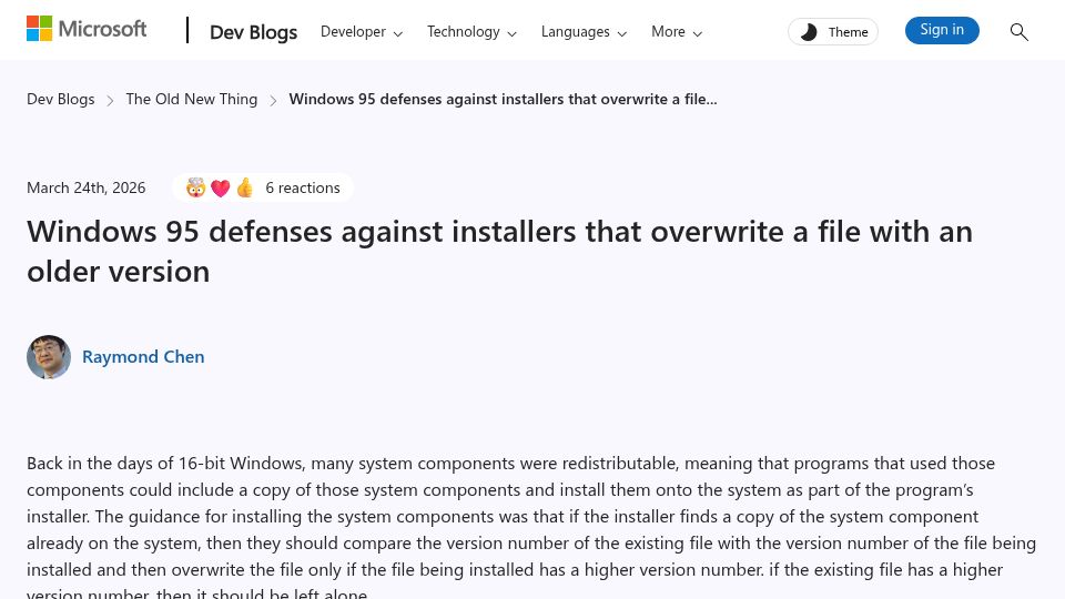 Screenshot of devblogs.microsoft.com: Windows 95 defenses against installers that overwrite a file with an older one