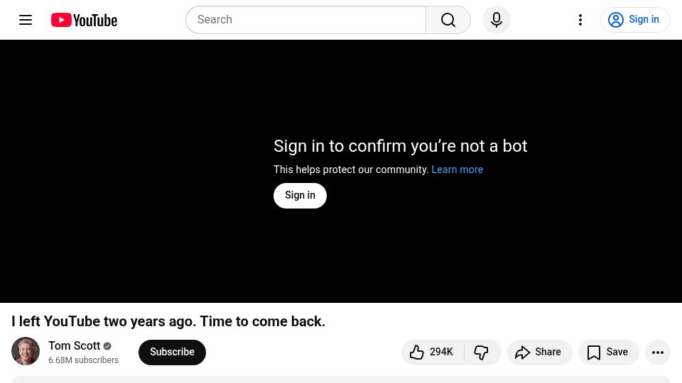 Screenshot of youtube.com: Tom Scott is back on YouTube [video]