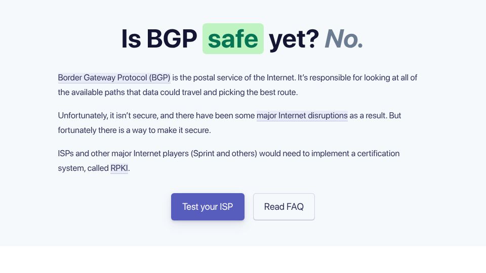 Screenshot of isbgpsafeyet.com: Is BGP safe yet?