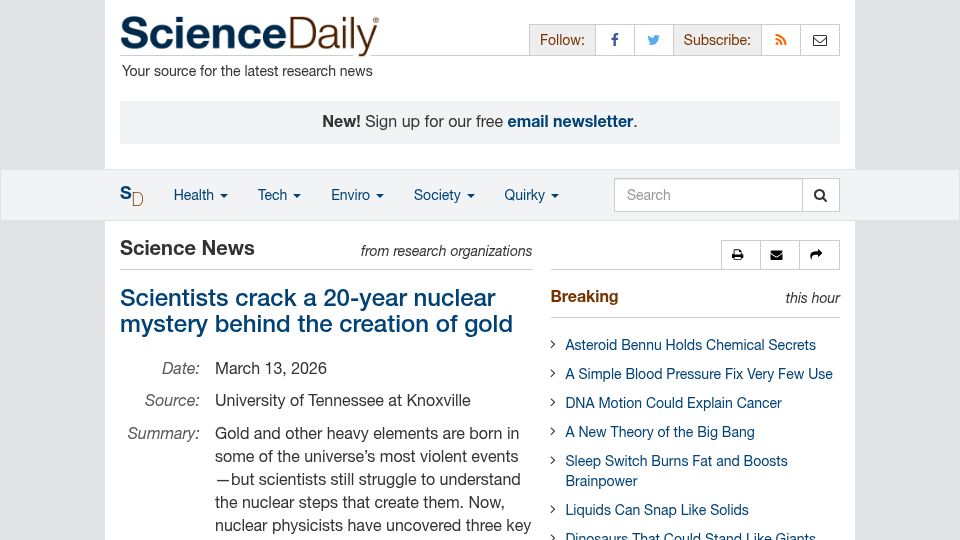 Screenshot of sciencedaily.com: Scientists crack a 20-year nuclear mystery behind the creation of gold