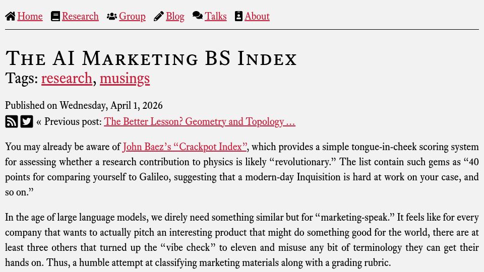 Screenshot of bastian.rieck.me: The AI Marketing BS Index