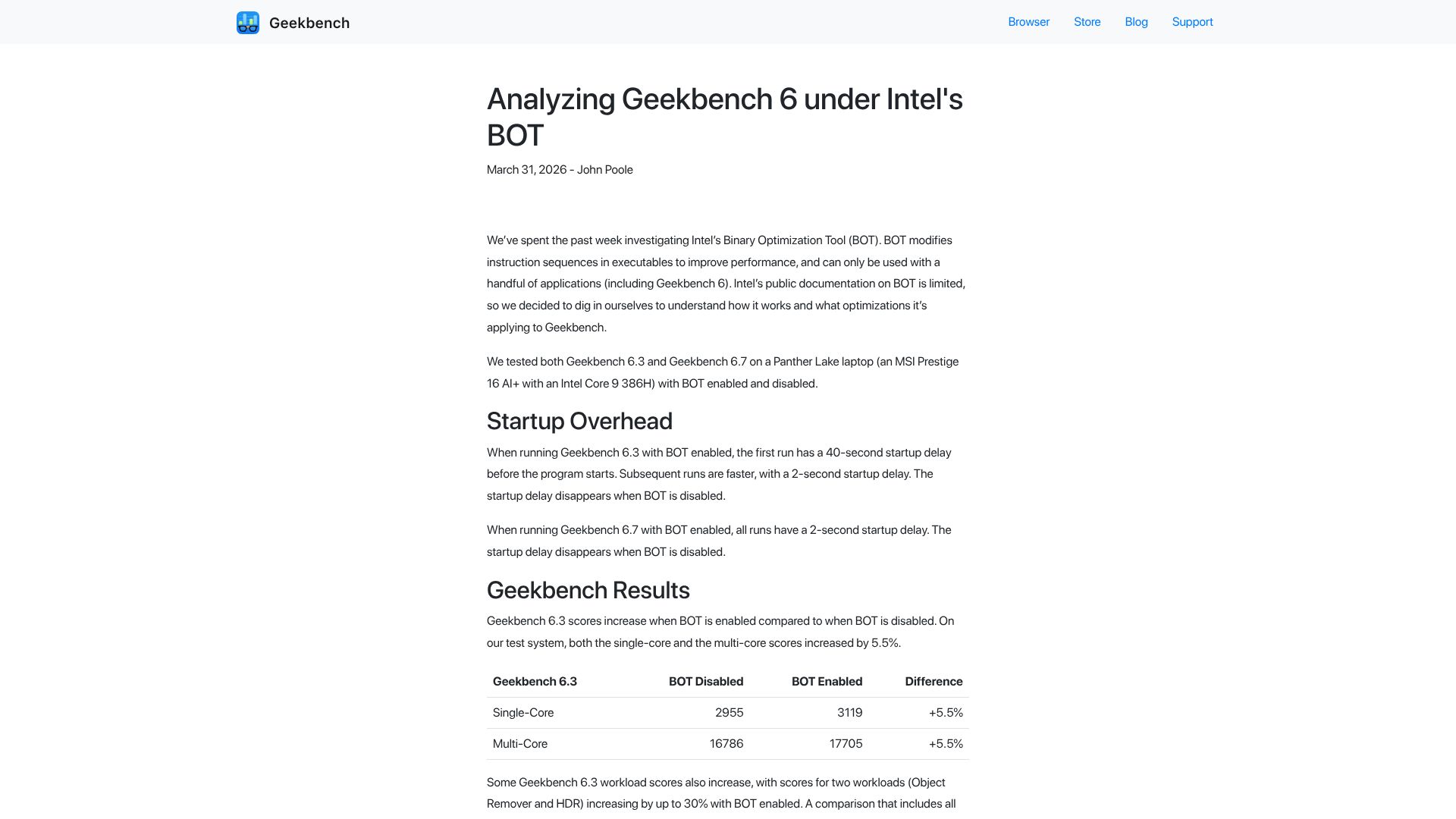 Screenshot of geekbench.com: Analyzing Geekbench 6 under Intel's BOT