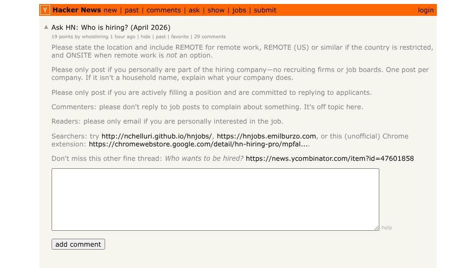Screenshot of Hacker News post: Ask HN: Who is hiring? (April 2026)
