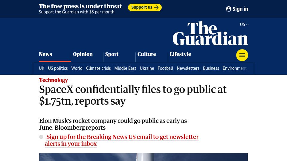 Screenshot of theguardian.com: SpaceX confidentially files to go public at $1.75T, reports say