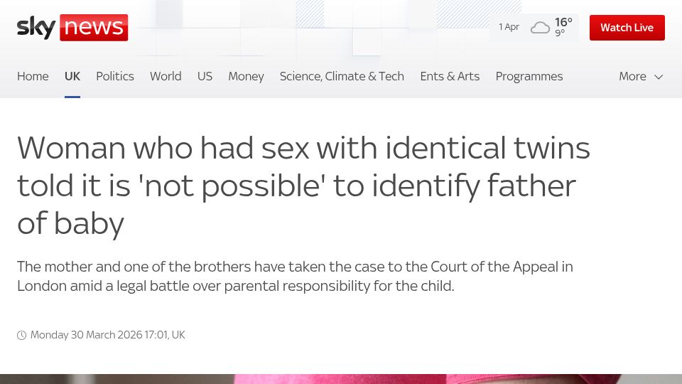 Screenshot of news.sky.com: Woman who had sex with identical twins told it is 'not possible' to identify dad