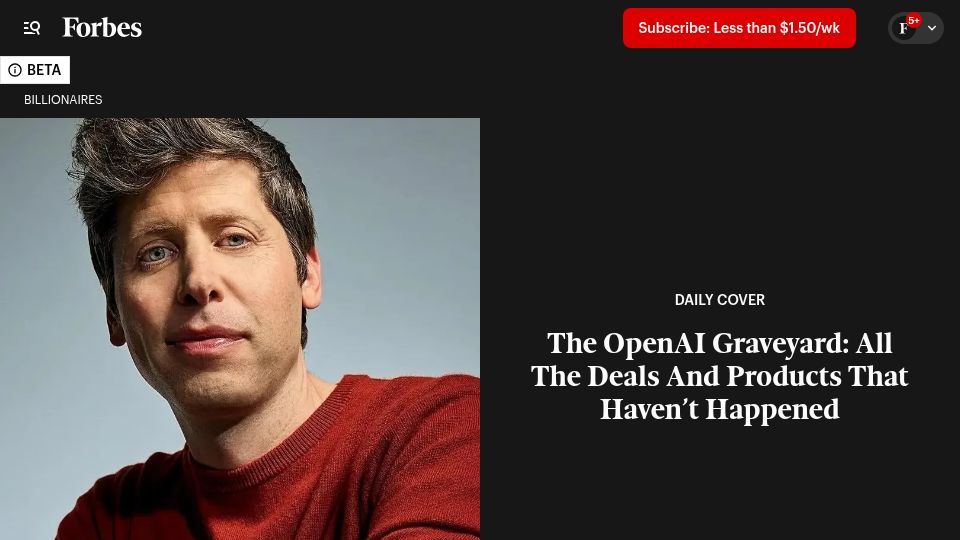 Screenshot of forbes.com: The OpenAI graveyard: All the deals and products that haven't happened