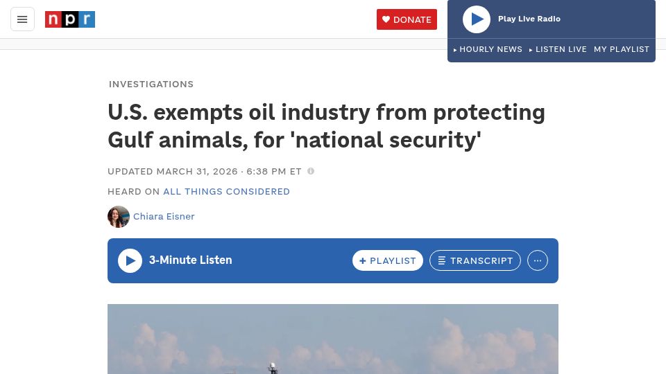 Screenshot of npr.org: U.S. exempts oil industry from protecting Gulf animals, for 'national security'