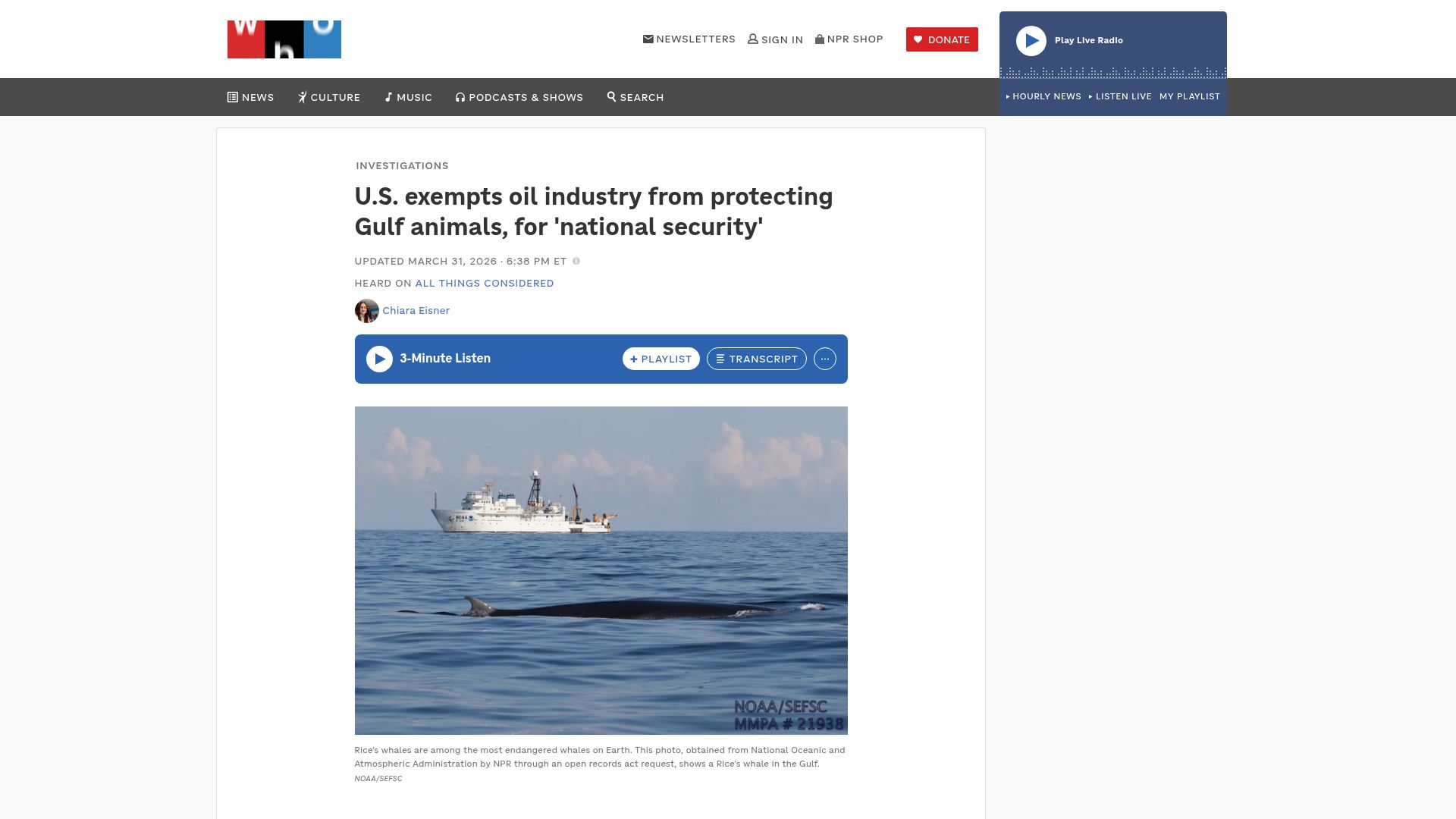 Screenshot of npr.org: U.S. exempts oil industry from protecting Gulf animals, for 'national security'