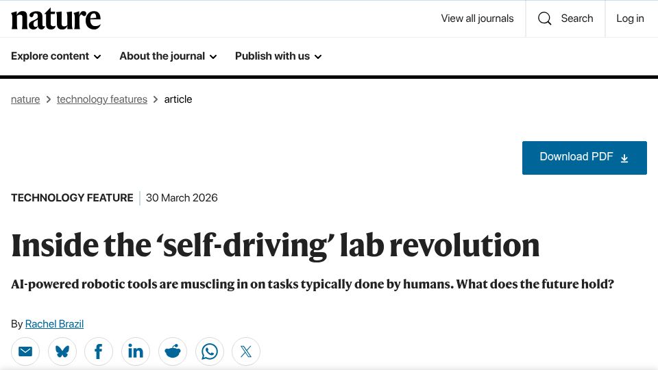 Screenshot of nature.com: Inside the 'self-driving' lab revolution