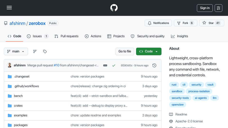 Screenshot of github.com: Show HN: Zerobox – Sandbox any command with file, network, credential controls