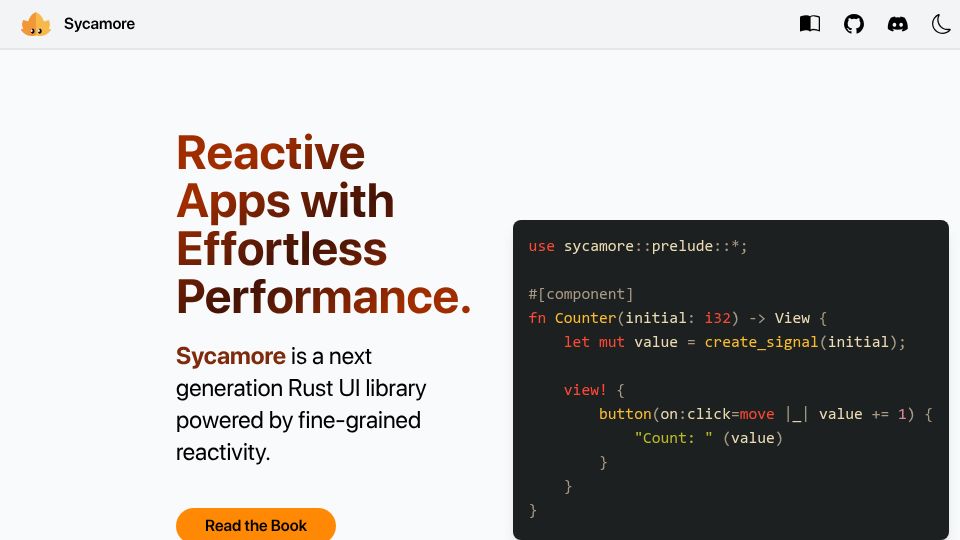 Screenshot of sycamore.dev: Show HN: Sycamore – next gen Rust web UI library using fine-grained reactivity