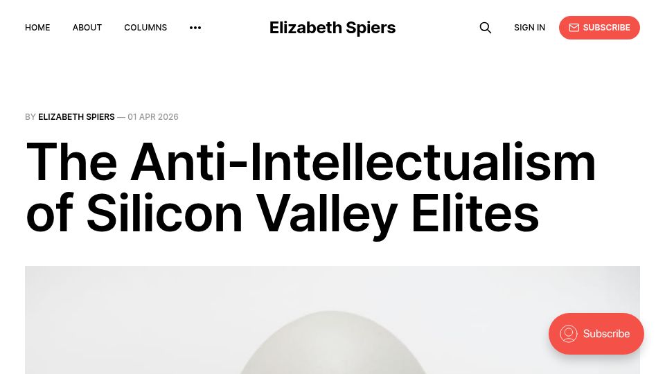 Screenshot of elizabethspiers.com: The Anti-Intellectualism of Silicon Valley Elites