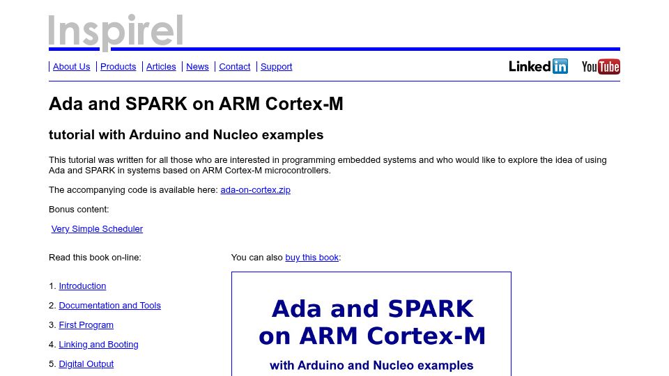 Screenshot of inspirel.com: Ada and Spark on ARM Cortex-M – A Tutorial with Arduino and Nucleo Examples