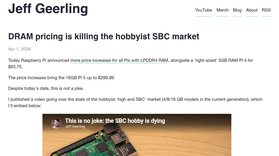 Screenshot of jeffgeerling.com: DRAM pricing is killing the hobbyist SBC market