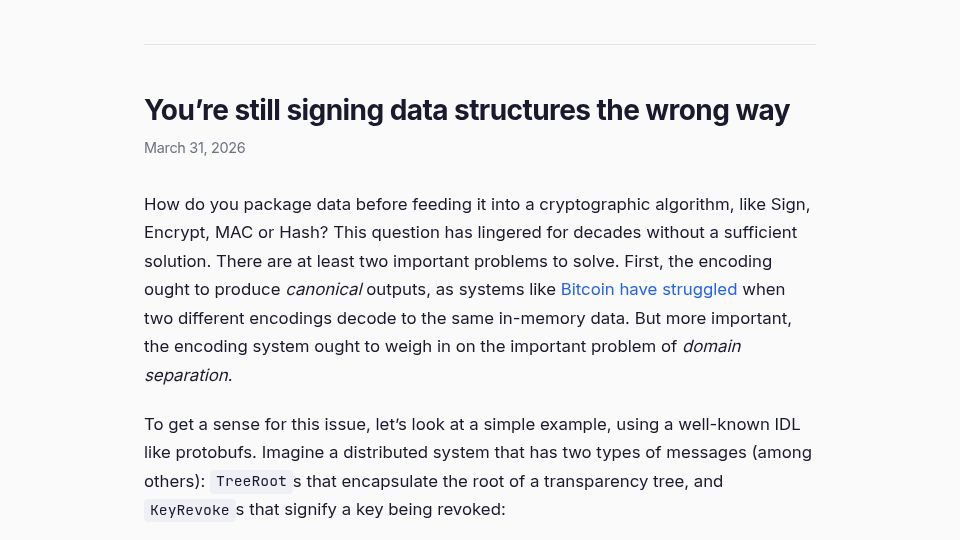 Screenshot of blog.foks.pub: Signing data structures the wrong way
