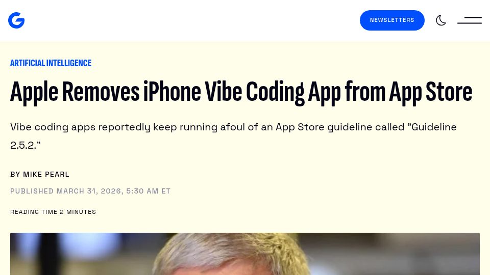 Screenshot of gizmodo.com: Apple Removes iPhone Vibe Coding App from App Store