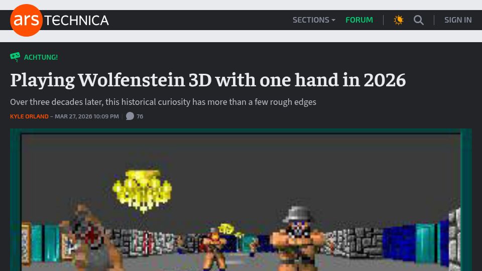 Screenshot of arstechnica.com: Playing Wolfenstein 3D with one hand in 2026