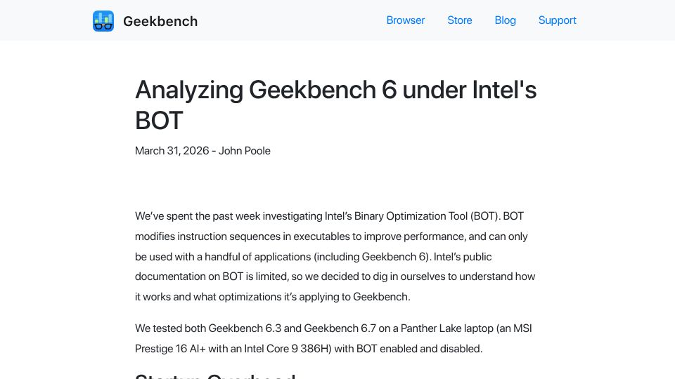 Screenshot of geekbench.com: Analyzing Geekbench 6 under Intel's BOT