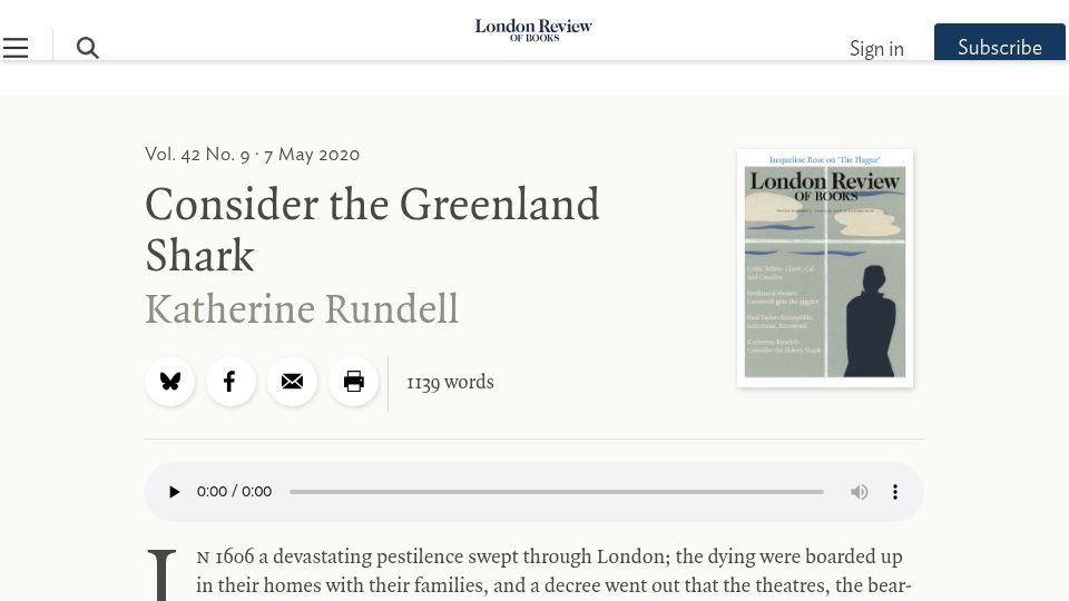 Screenshot of lrb.co.uk: Consider the Greenland Shark (2020)