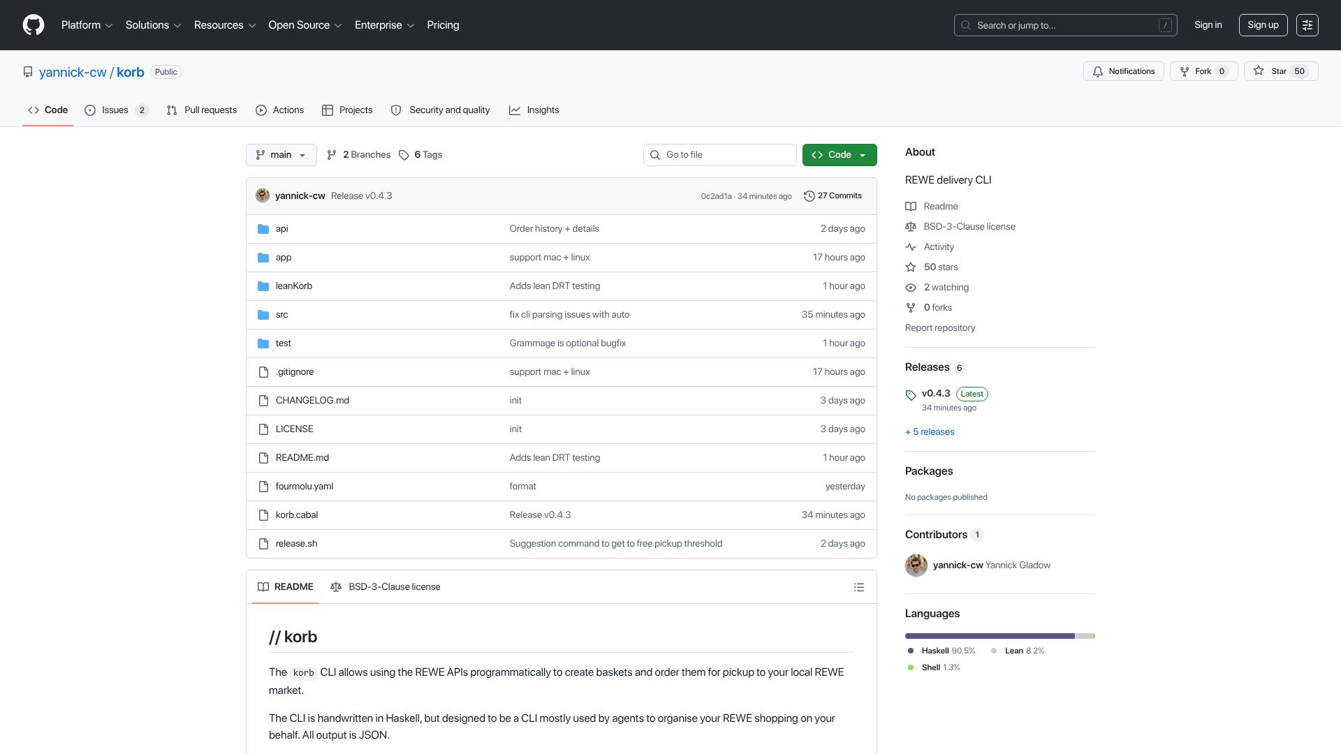 Screenshot of github.com: Show HN: CLI to order groceries via reverse-engineered REWE API (Haskell)