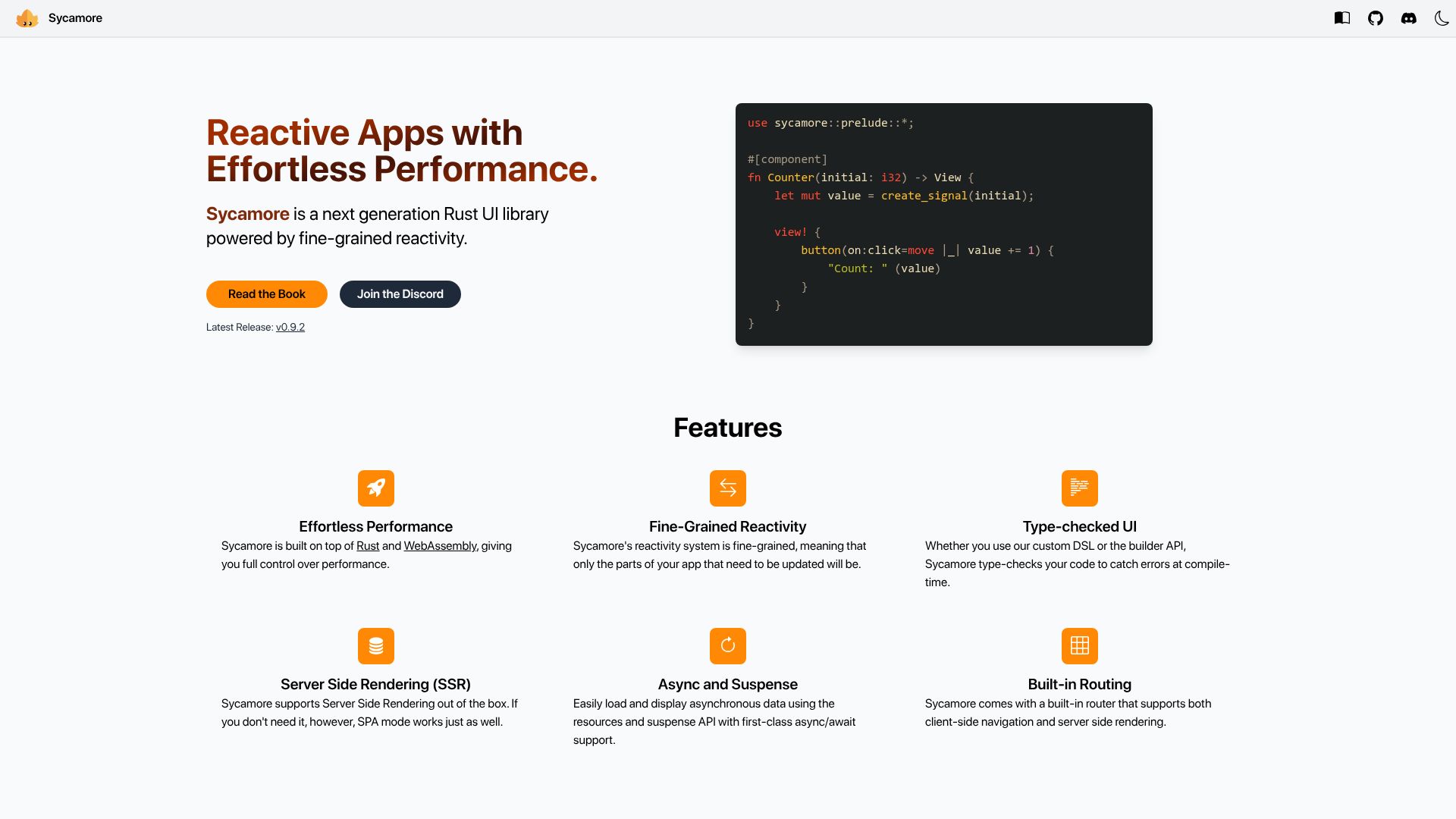 Screenshot of sycamore.dev: Show HN: Sycamore – next gen Rust web UI library using fine-grained reactivity
