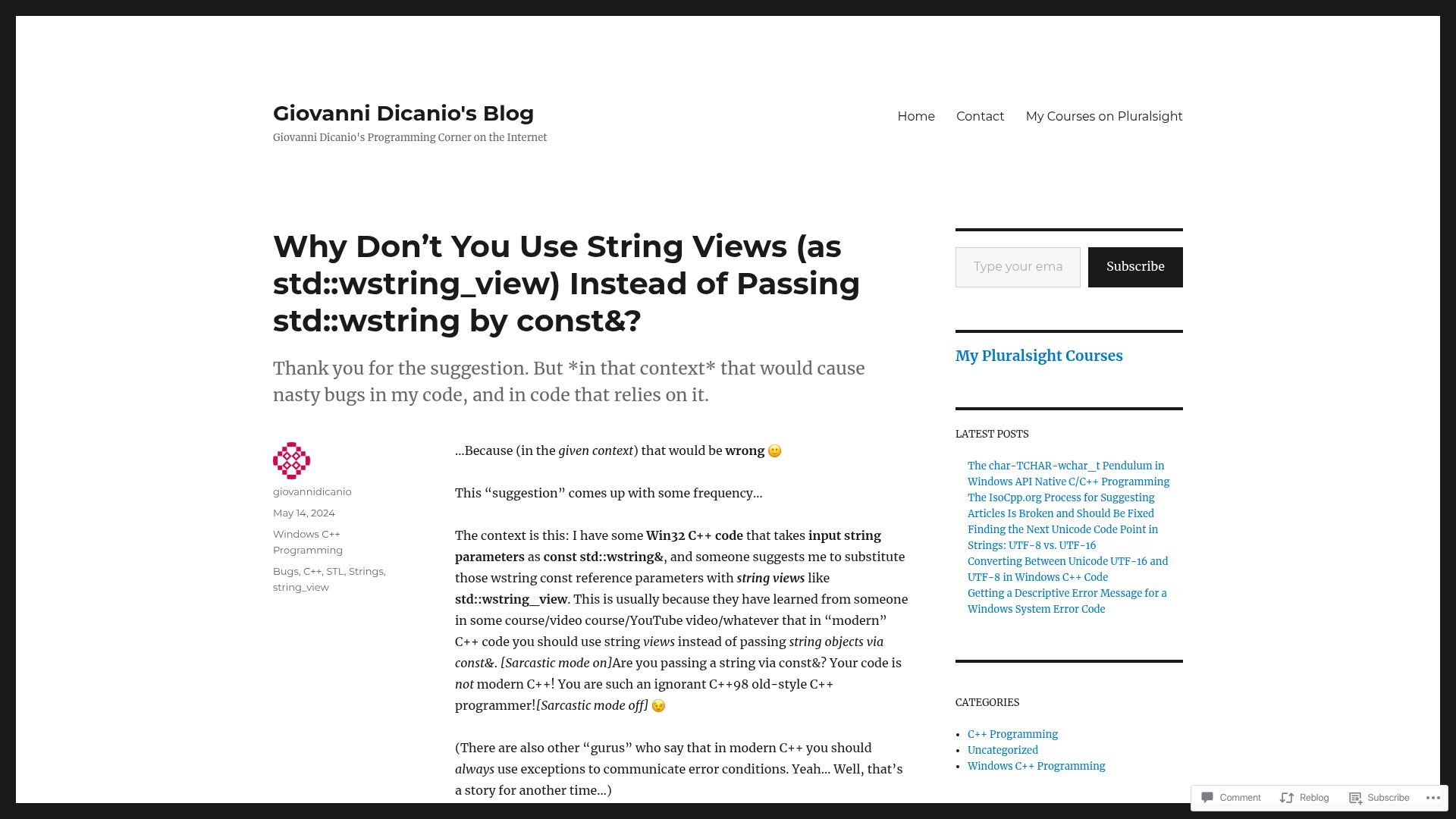 Screenshot of giodicanio.com: Use string views instead of passing std:wstring by const&