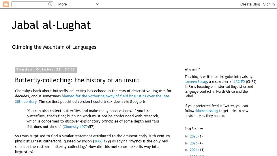 Screenshot of lughat.blogspot.com: Butterfly-collecting: The history of an insult (2017)
