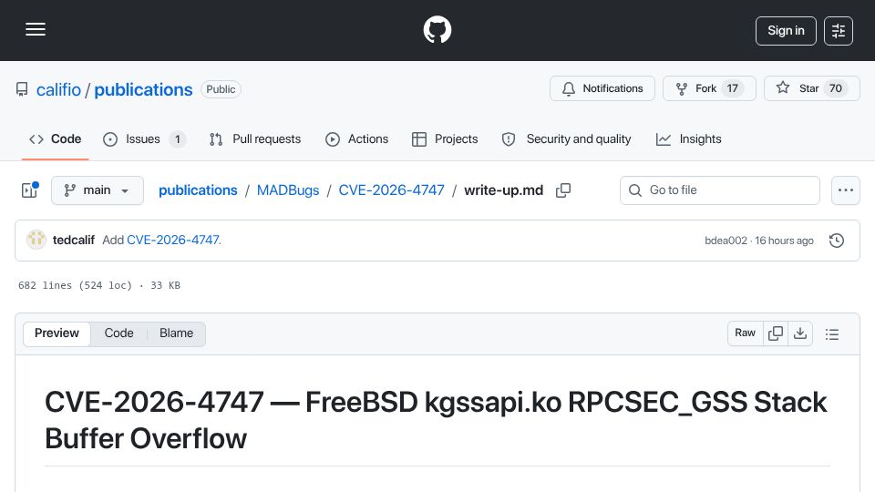 Screenshot of github.com: Claude wrote a full FreeBSD remote kernel RCE with root shell