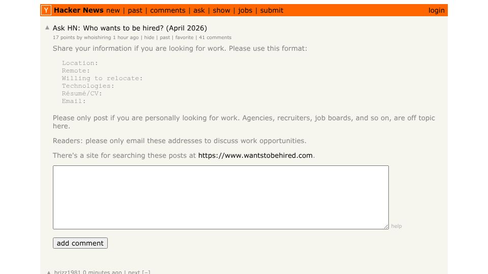 Screenshot of Hacker News post: Ask HN: Who wants to be hired? (April 2026)