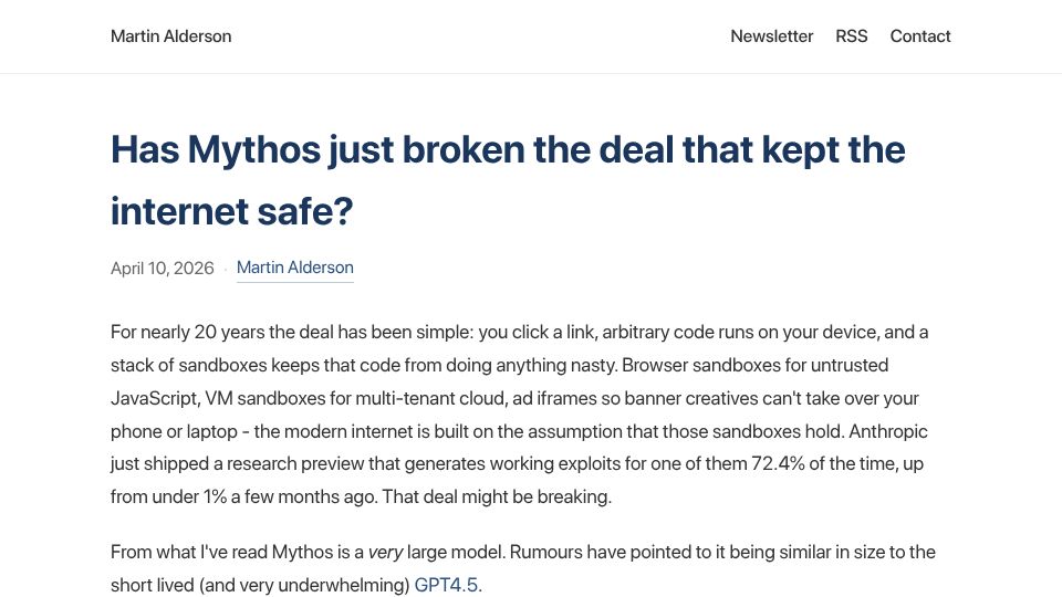 Screenshot of martinalderson.com: Has Mythos just broken the deal that kept the internet safe?