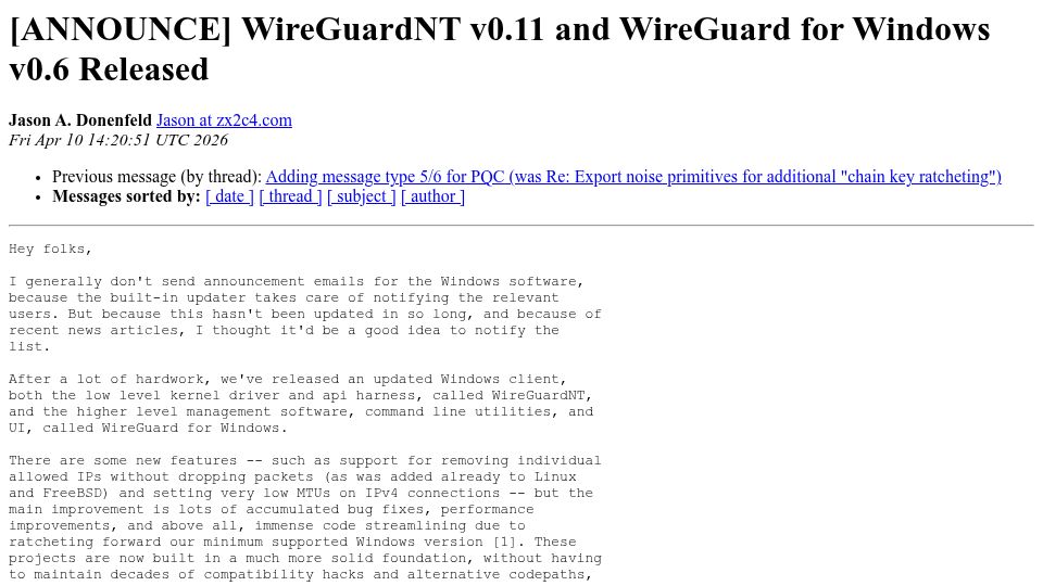 Screenshot of lists.zx2c4.com: WireGuard makes new Windows release following Microsoft signing resolution