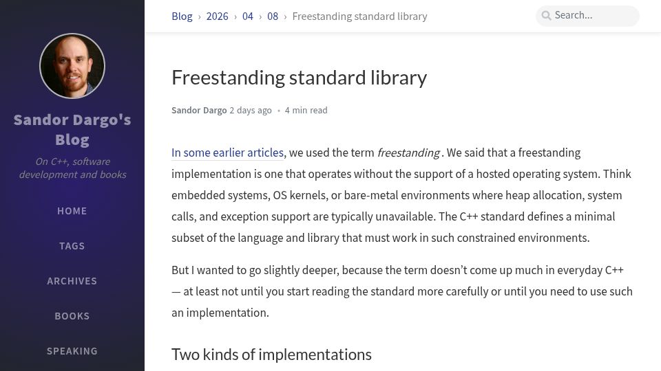 Screenshot of sandordargo.com: C++: Freestanding Standard Library