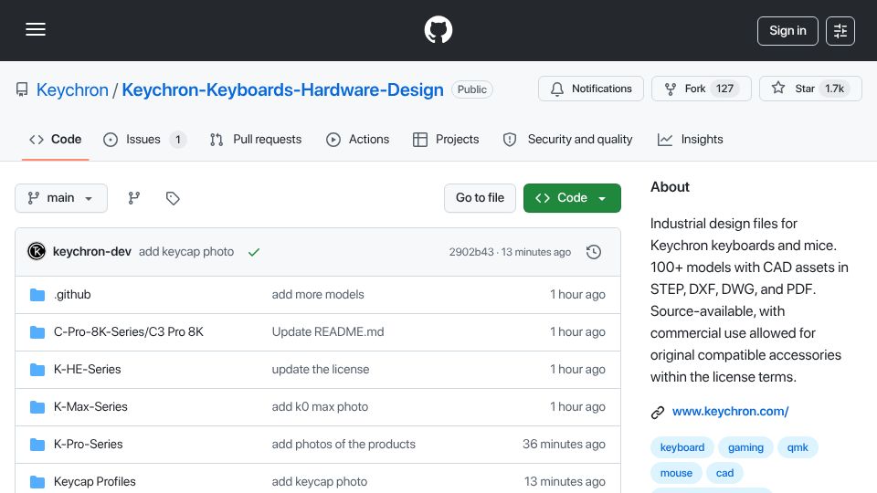 Screenshot of github.com: Industrial design files for Keychron keyboards and mice