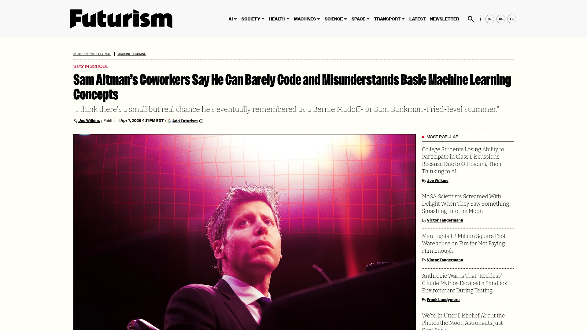Screenshot of futurism.com: Sam Altman's Coworkers Say He Can Barely Code and Misunderstands Basic Concepts