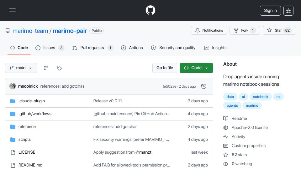 Screenshot of github.com: Show HN: Marimo pair – Reactive Python notebooks as environments for agents