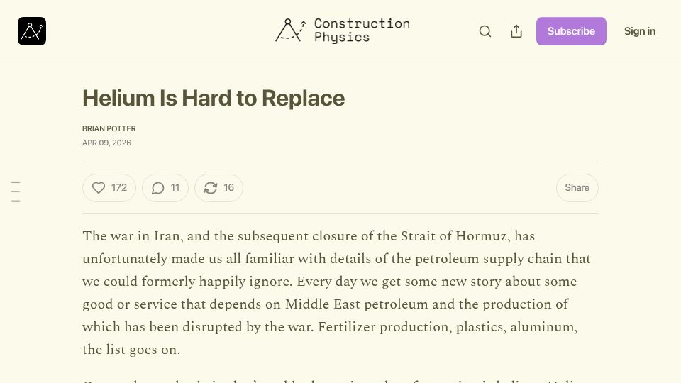 Screenshot of construction-physics.com: Helium is hard to replace