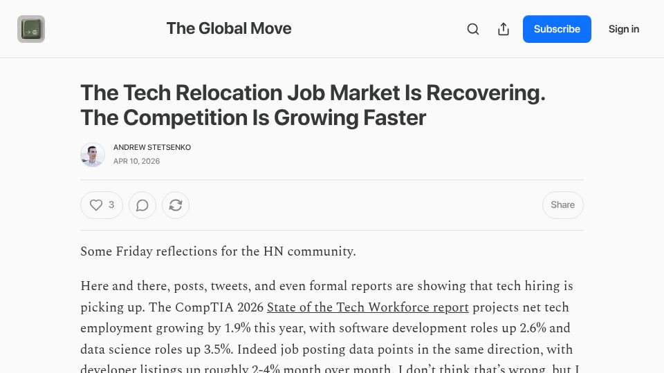 Screenshot of relocateme.substack.com: Tech job relocation market is recovering. The competition is growing faster