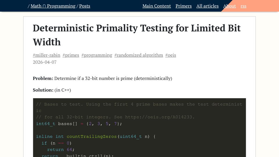 Screenshot of jeremykun.com: Deterministic Primality Testing for Limited Bit Width