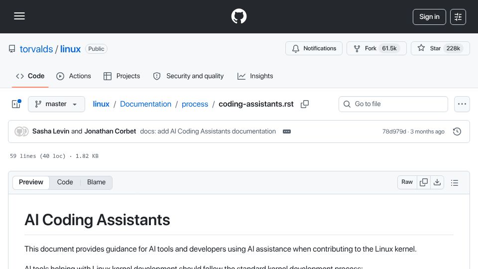 Screenshot of github.com: AI assistance when contributing to the Linux kernel