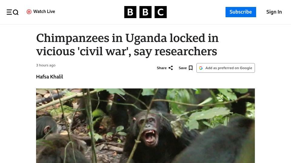 Screenshot of bbc.com: Chimpanzees in Uganda locked in eight-year 'civil war', say researchers