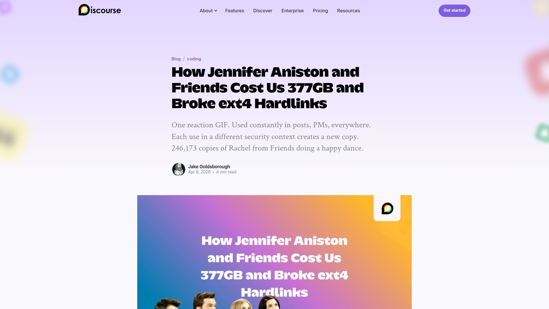 Screenshot of blog.discourse.org: Jennifer Aniston and Friends Cost Us 377GB and Broke Ext4 Hardlinks