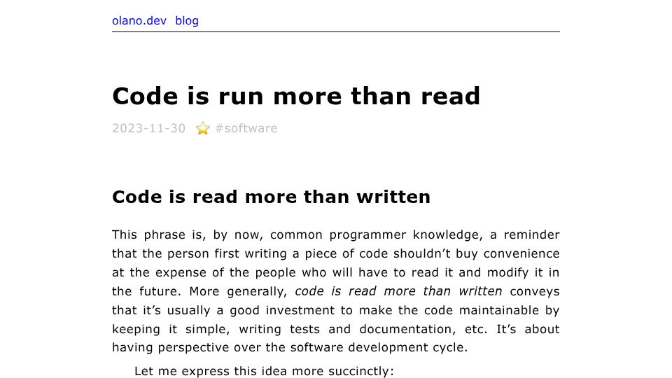 Screenshot of olano.dev: Code is run more than read (2023)