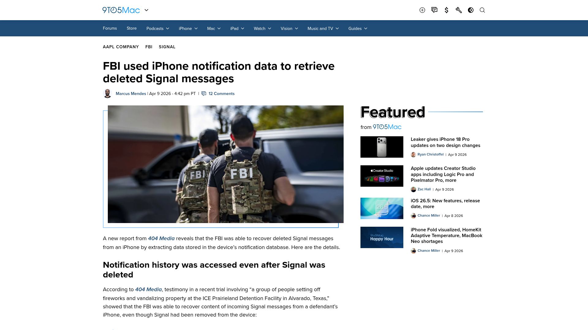 Screenshot of 9to5mac.com: FBI used iPhone notification data to retrieve deleted Signal messages