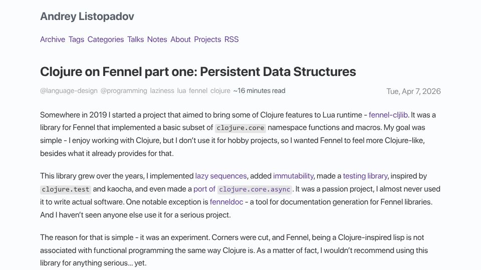 Screenshot of andreyor.st: Clojure on Fennel Part One: Persistent Data Structures