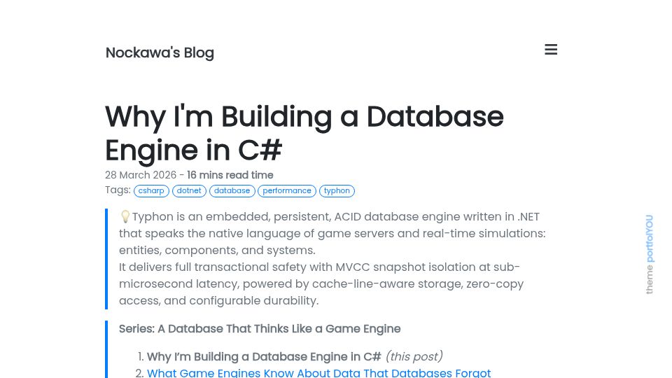 Screenshot of nockawa.github.io: Why I'm Building a Database Engine in C#