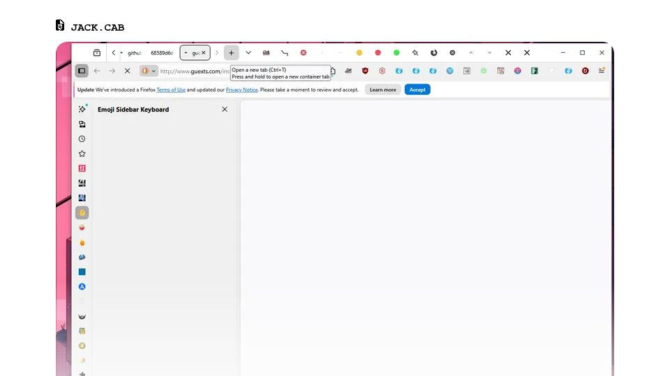 Screenshot of jack.cab: Installing every* Firefox extension