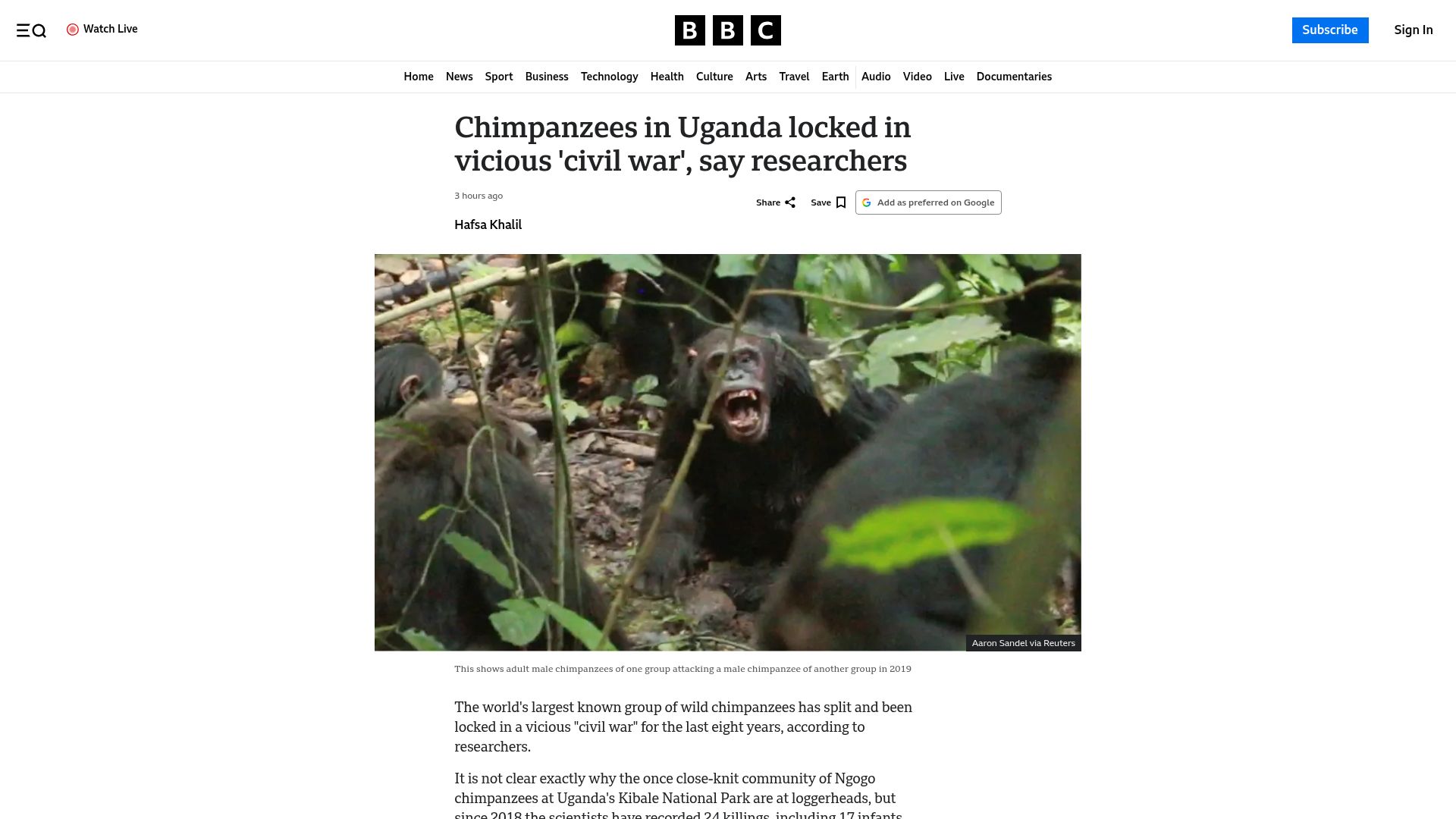 Screenshot of bbc.com: Chimpanzees in Uganda locked in eight-year 'civil war', say researchers